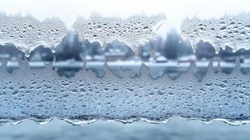Winter condensation on window, blurred city view. Use Website background photo