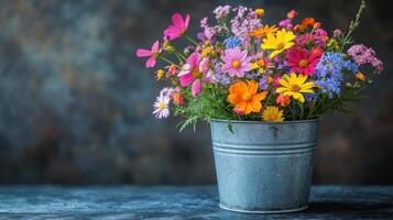 Colorful wildflowers in metal bucket, rustic background, floral arrangement, greeting card photo