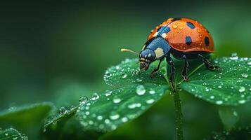Ladybug on dew-covered clover leaf, green background, nature macro, spring photo