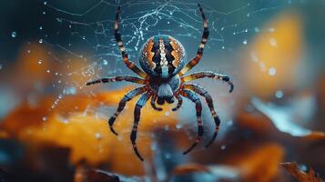 Colorful spider on web, autumn leaves background, nature macro photo