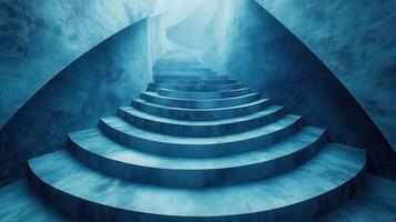 Blue concrete stairs ascending, curved walls, mysterious background architectural design photo