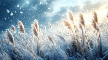 Frosty reeds sunrise winter landscape, snowy background, nature scene photo