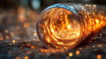 Glittering lights inside glass on sand, bokeh background, festive decor photo