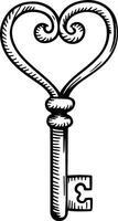 a black and white drawing of a key with a heart shape vector