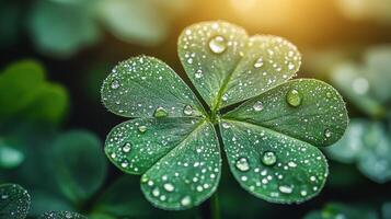 Dew-kissed clover leaf closeup, garden background, nature photography, St. Patrick's Day photo