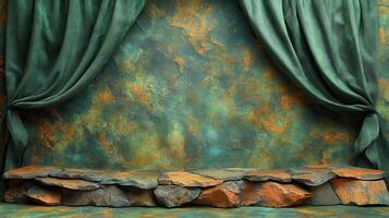 Rustic stone stage backdrop, green drapes, textured wall, product display photo
