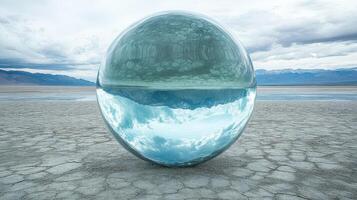 Glass sphere reflecting sky, desert landscape. Environmental concept image photo