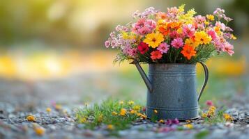 Colorful wildflowers in rustic metal watering can, garden background, spring greeting card photo
