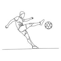 Continuous line drawing of a football player jumping and to kick the ball. Single line art of a young man playing soccer ball template. vector