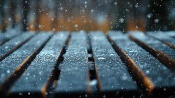 Snowy park bench, winter scene, frosty wood photo