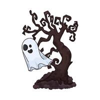 Illustration of ghost hovering near a haunted tree vector