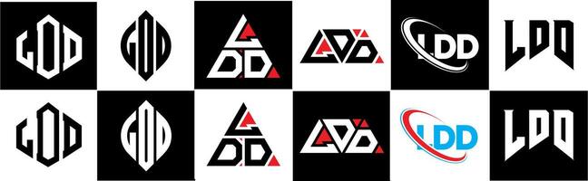 LDD letter logo design in six style. LDD polygon, circle, triangle, hexagon, flat and simple style with black and white color variation letter logo set in one artboard. LDD minimalist and classic vector
