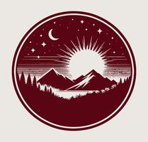 A mountain landscape with a sun and moon in the sky vector