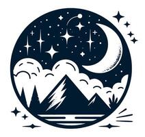 A mountain and a lake with stars and the moon vector