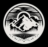 A mountain landscape with trees and a lake in the background on dark. vector