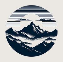 A mountain landscape with a sun and clouds on gray. vector