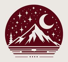 A mountain and a lake with stars and a moon on gray. vector