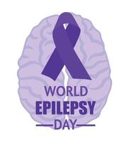 World Epilepsy Day concept, card or poster. Violet ribbon, brain in the background and text. illustration vector