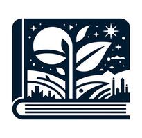 An open book with a tree and a city in the background vector