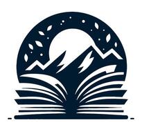 An open book with mountains and a moon in the background vector