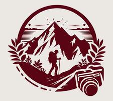 A man with a backpack and camera is standing in front of a mountain on a grey. vector