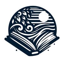 An open book with waves and trees in the background vector