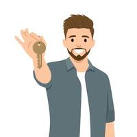 Cheerful man holds up a key, symbolizing homeownership, success, or a fresh start. vector