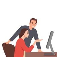 Woman and a man are working together at a computer, discussing something, teamwork and cooperation. vector