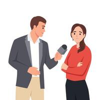 Journalist in a suit holds a microphone towards a sad woman in a red sweater with crossed arms. vector