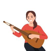 Smiling woman is joyfully playing a lute, expressing her passion for music and creativity. vector