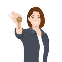 Woman confidently holds up a key, symbolizing homeownership, or a new beginning. vector