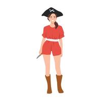 Pirate wearing a red romper, a black hat with a skull and crossbones, and holding a small dagger. vector