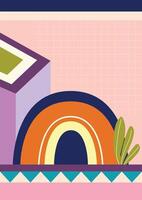 A colorful illustration of a rainbow and a building vector