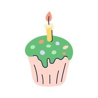 Easter cake with one burning candle. Happy Easter hand drawn card. Flat illustration with partial outline. Isolated illustration. vector