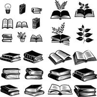 Hand-Drawn Book Icons Set Open, Closed, Stacked Books with Leaves and Knowledge Symbols vector