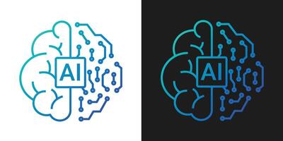 AI Chip in Human Brain. AI Technology Artificial Intelligence Icon with Machine Learning, . Stroke illustration vector