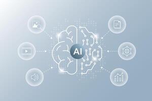 Multimodal AI. multimodal learning icons with digital ai brain. ai brain concept. Stroke illustration vector