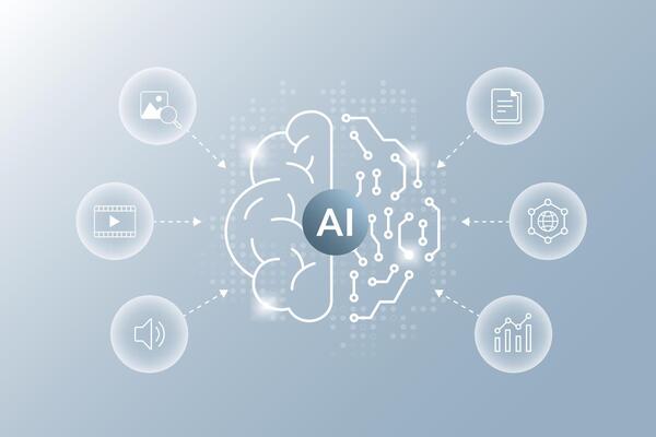 Multimodal AI. multimodal learning icons with digital ai brain. ai brain concept. Stroke illustration