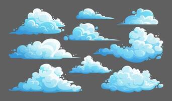 Cartoon cloud set. Fluffy cumulus clouds collection isolated on a gray background. Flat illustration of cloudscape elements for banner design, flyers, covers, and websites. Cloudy day. vector