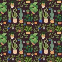 Seamless pattern of potted houseplants. Seamless botanical pattern with colorful home plants, cacti and tropical foliage, on a dark background. Perfect for wrapping paper, textile, product design. vector