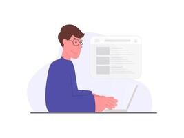 Illustration of a worker in front of a laptop. businessman flat design. digital marketing illustration. web designer. modern minimalist design vector