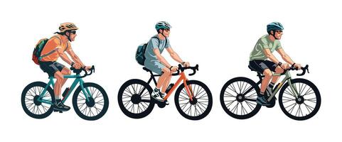 Set of Men Riding Bicycle, isolated on white background, illustration. vector