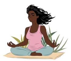 Black woman is sitting on a mat and meditating vector