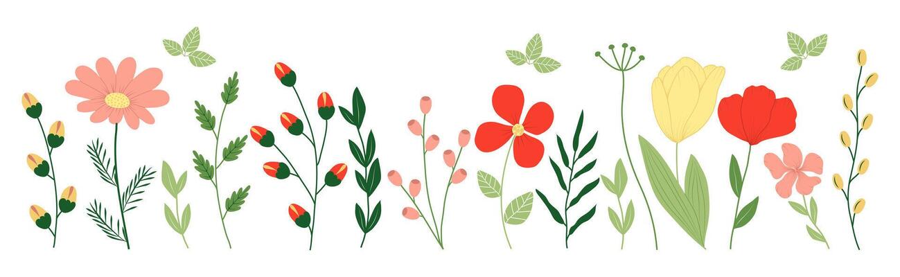 A collection of colorful spring floral elements in . A set of flower arrangements of wildflowers, leaf branches, foliage on a white background. For decoration, Easter, stickers, clipart, printing