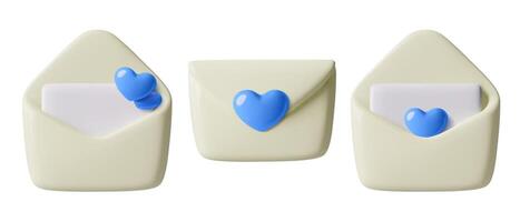 3D blue hearts on envelope emoji set minimal mail or message icons for Father or a boy vector