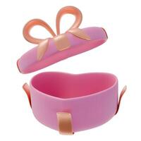 3D Open Pink Heart shaped Gift Box with Golden Ribbons. Realistic illustration. 3D rendering icon vector