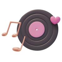 3D vinyl record with music notes and heart. Romantic concept. Realistic illustration. 3D rendering icon vector