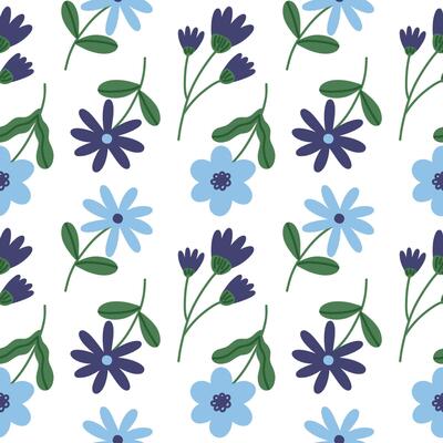 Trendy floral seamless pattern. Simple childish blue, purple daisy. Spring flower template for packaging, postcards, textile printing, wallpaper. Hand drawn illustration isolated on white background.