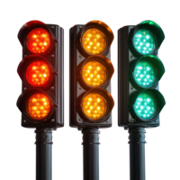 Three traffic lights displaying red, yellow, and green signals isolated on transparent background, png