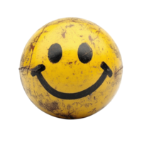 Smiling yellow ball with worn surface and black smile, isolated on transparent background, png